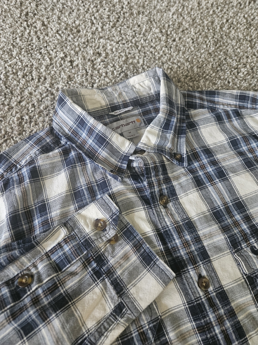 Carhartt Flannel Shirt Men Medium Regular Blue White Plaid Button Down Relax
